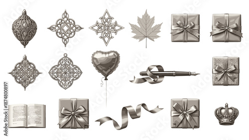 Collection of decorative christmas ornaments and gift boxes