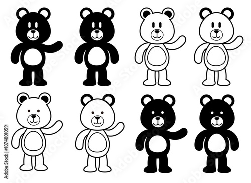 シンプルでかわいいクマのキャラクターイラストセット　白黒配色のゆるい動物マスコット　手を振るポーズの線画・ベタ塗りバリエーション