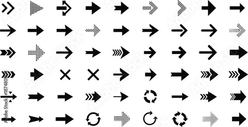 Set of black arrow icons and ribbon banners, directional symbols, vintage scrolls, decorative flags, and geometric elements, cad drawing flat vector illustration.