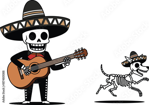 Mexican skeleton mariachi guitarist and dog cartoon illustration day of the dead festive character vector design