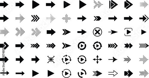 Set of black arrow icons and ribbon banners, directional symbols, vintage scrolls, decorative flags, and geometric elements
