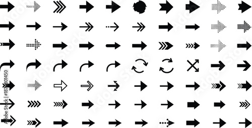 Set of black arrow icons, directional symbols, cursor pointers, dotted arrows, curved navigation signs, and geometric graphic elements for design, cad drawing flat vector illustration.
