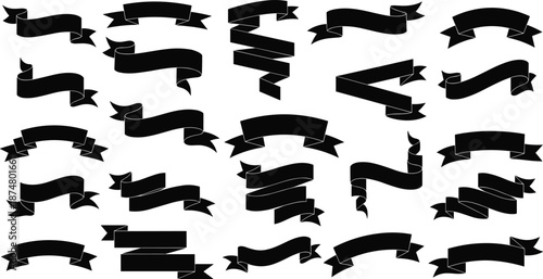 Set of black ribbon banners, vintage scrolls, decorative flags, heraldic streamers, elegant parchment labels, and blank curved tape elements for design.