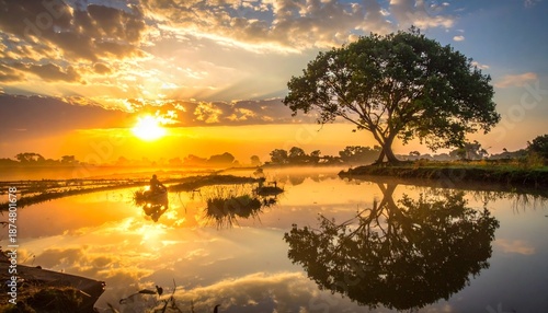 Serene landscape of a tree standing alone near a body of water during sunrise