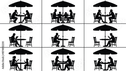 Cafe table silhouette collection showing people dining, family conversation, solo moments under umbrella illustration set