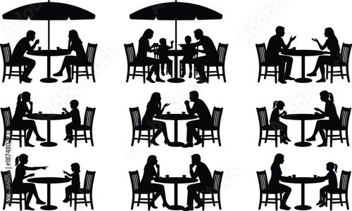 Cafe table silhouette set showing couples, families, parents and children conversations, dining moments under outdoor umbrella