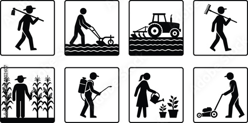 Farming and gardening activity silhouettes set agriculture work tools tractor lifestyle black vector illustration collection