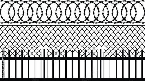 High security razor wire fence silhouette seamless border barrier concept industrial protection black vector illustration background