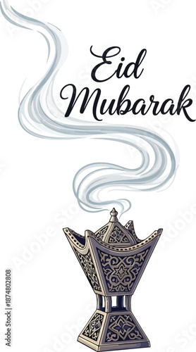 Elegant eid mubarak greeting illustration with traditional bakhoor incense burner and smoke