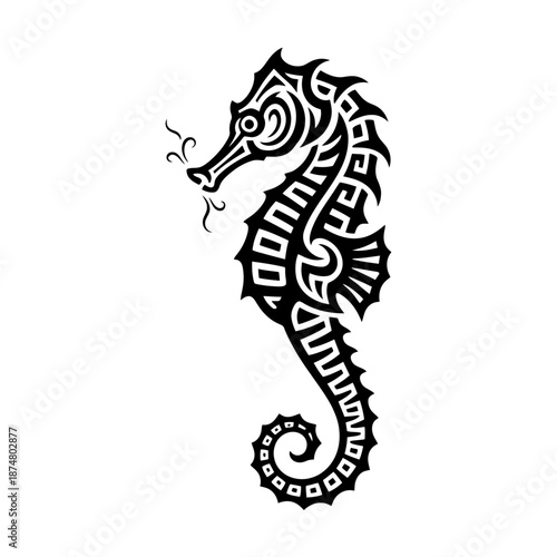 Stylized tribal seahorse illustration in black and white with intricate patterns.