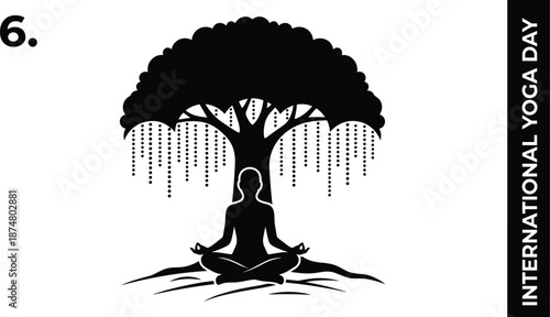 International yoga day meditation silhouette under sacred tree, mindfulness, inner peace, spiritual balance, wellness practice, calm energy, harmony