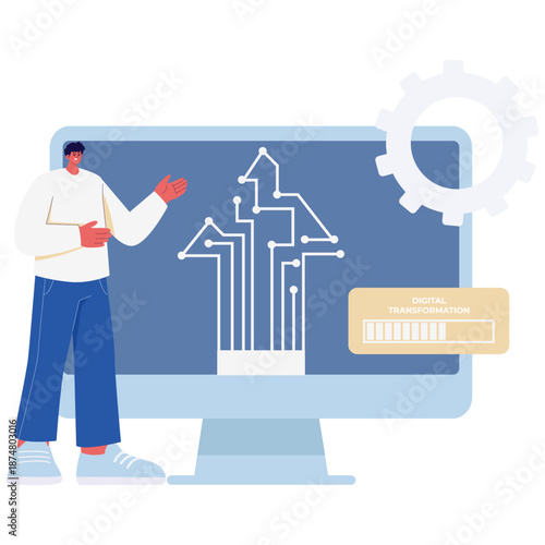 Digital Transformation Illustration. Vector illustration of Businessman presenting digital transformation concept with technology growth and system upgrade. Isolated on background
