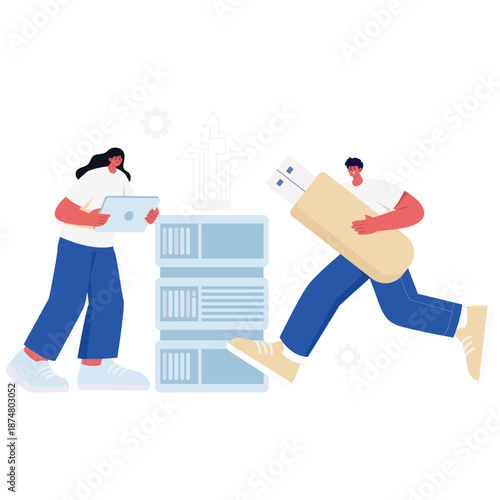 Digital Transformation Illustration. Vector illustration of People transferring data using servers and storage devices,  representing data migration and digital infrastructure. Isolated on background