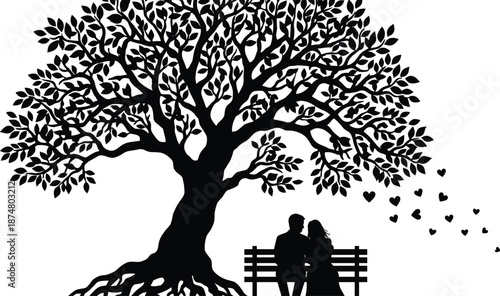 Romantic couple silhouette sitting on bench under large tree with flying hearts love black vector illustration