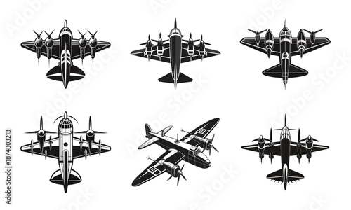 Vintage Propeller Airplanes Silhouettes in Black and White for Aviation Stock Illustration Set