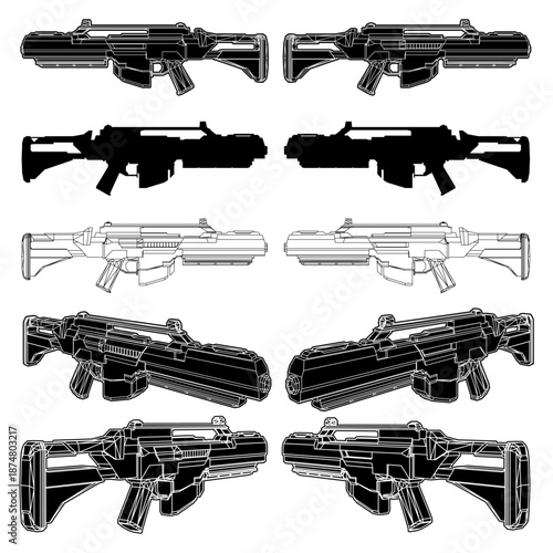 Futuristic Laser Assault Rifle Vector. Abstract Sci-Fi Automatic Carbine Gun Weapon With Silhouette Included. An Illustration Isolated On White Background.