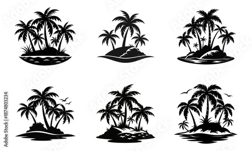 Tropical Palm Island Silhouettes Set With Secluded Beaches and Ocean Horizons for Stock