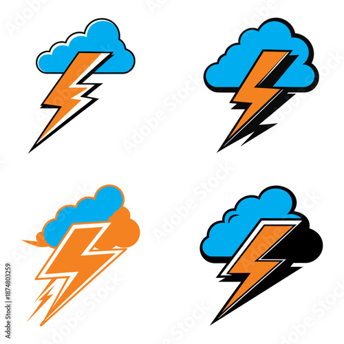 Set Of Thunder Cloud Icons With Lightning Bolts In Bright Blue Weather Symbol Graphics