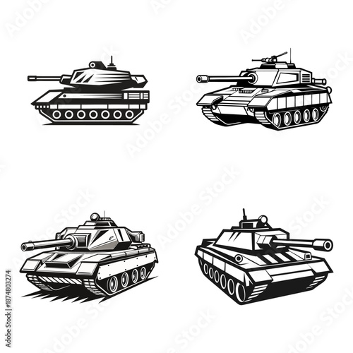 Four Military Tank Illustrations: Heavy Armor, Cannon Turret, Tracks, and Combat Power Artwork