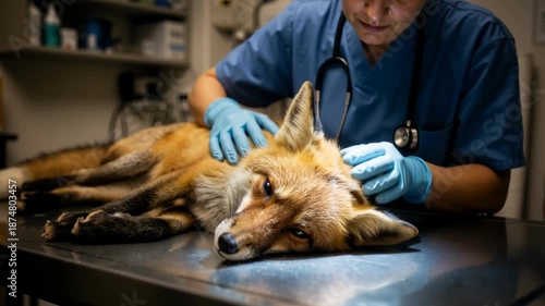 Female veterinarian examining a red fox on a metal table in a clinic. Professional vet doctor performing a medical check-up on a sedated wild animal. Wildlife rescue and healthcare concept