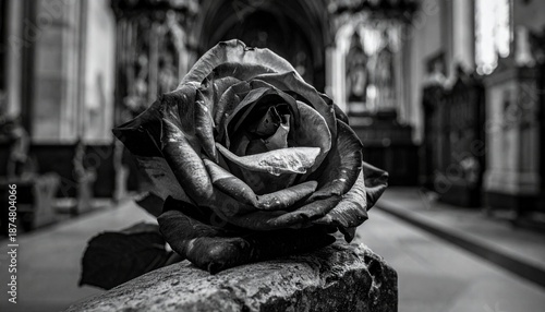 Black and white rose on a stone in a church.