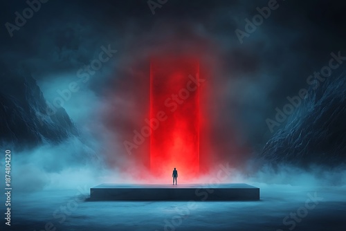 Mysterious figure standing before a glowing red portal in a dark, foggy landscape