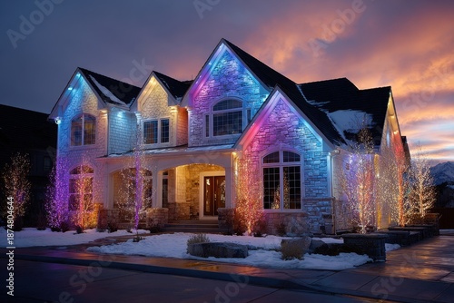 Beautifully Decorated House with Colorful Lights at Sunset