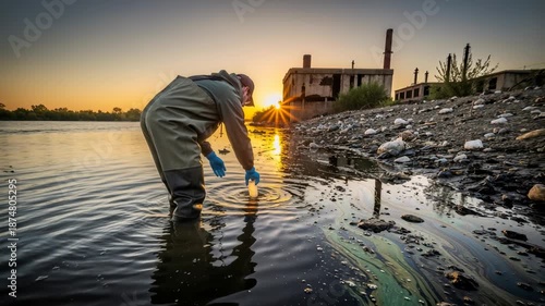 Scientist collecting water sample from polluted river at sunset. Ecologist testing toxic oil spill near industrial factory. Environmental pollution concept
