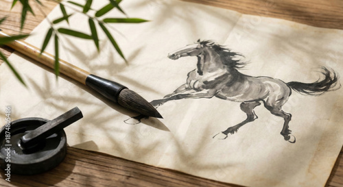 Traditional chinese ink wash painting of galloping horse with calligraphy brush and ink stone on old paper. Year of the horse 2026 art.
