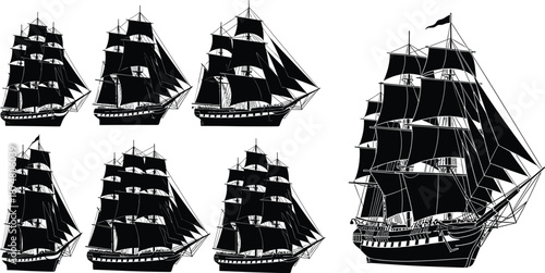 Sailing ship silhouette collection showing historic tall ships and pirate vessels, vintage maritime nautical transport isolated on white background illustration