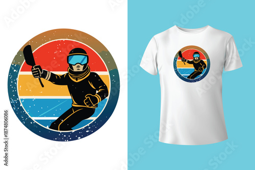 Extreme winter sport. Vector ski club retro badge. Concept for shirt, print, seal or stamp with mountain, ski, ski glasses. Family vacation, activity or travel. For logo design, patches