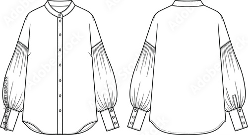 Technical CAD drawing flat vector illustration of a women's mandarin collar blouse with puff sleeves and button cuffs for fashion design