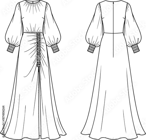 Technical CAD drawing flat vector illustration of a women's ruched maxi dress with balloon sleeves shirred cuffs and high slit