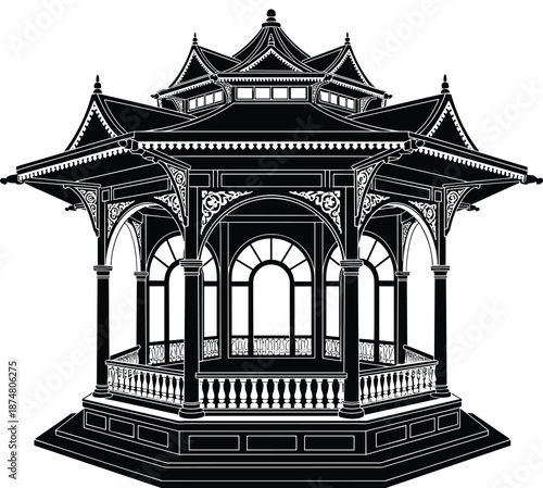 Traditional, pavilion, gazebo, silhouette, Asian, architecture, heritage, temple, wooden, structure, cultural, landmark, oriental, design, garden, classic, black, white, vector, illustration