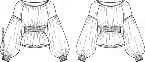Technical CAD drawing flat vector illustration of a women's smocked peasant blouse with puff sleeves and elasticated waist for fashion design