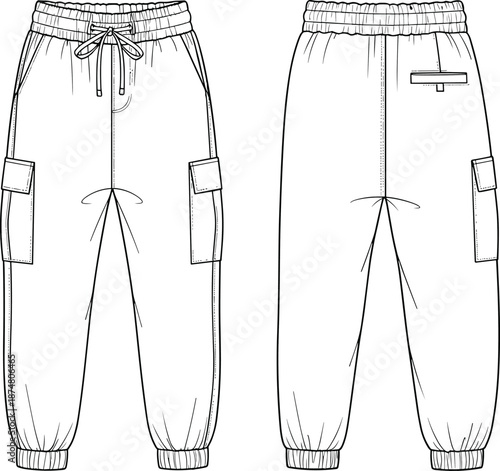 Technical CAD drawing flat vector illustration of women's cargo joggers with elastic waistband, drawstring, side pockets, and cuffed ankles for fashion