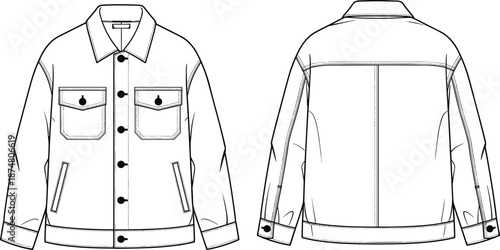 Technical CAD flat sketch of a men’s denim trucker jacket with front pockets, button closure, pointed collar, and back yoke, fashion vector illustration