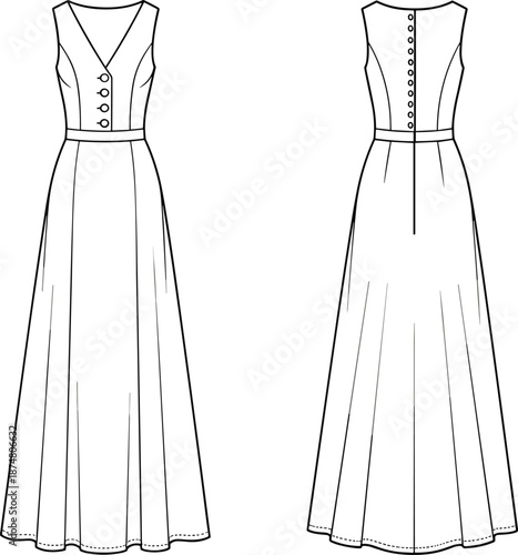 Women sleeveless long dress technical fashion sketch front and back view, elegant maxi gown outline for apparel design