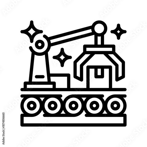 Production Line Line Icon, Outline Symbol for Automated Assembly, Mass Production, Manufacturing Flow, Conveyor Operations, and Product Packaging. Vector Sign Icon.