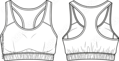 Technical CAD flat sketch of a women’s racerback sports bra with elastic band, scoop neck, and front and back views, fashion vector template