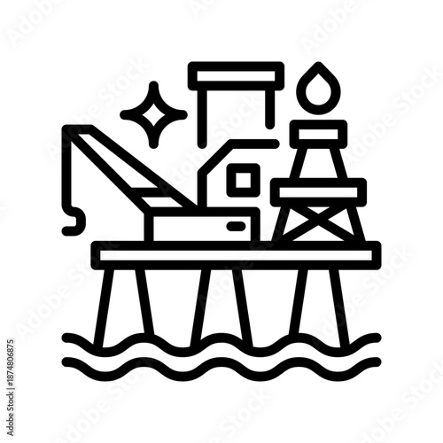 Oil Rig Line Icon, Outline Symbol for Fuel Extraction, Offshore Drilling, Energy Production, Petroleum Industry, and Resource Mining. Vector Sign Icon.