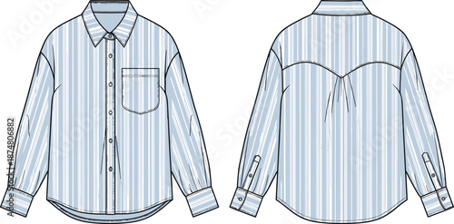 Technical CAD flat sketch of a women’s oversized striped button down shirt with front pocket, pointed collar, and western back yoke, fashion vector illustration