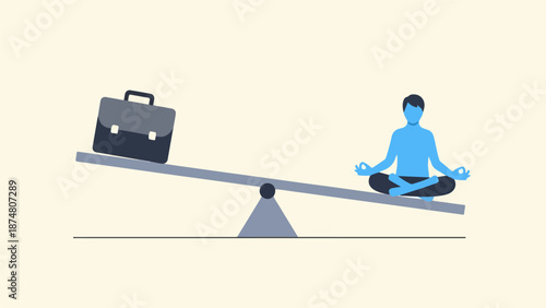 Balanced seesaw with briefcase and meditating figure on light gray background