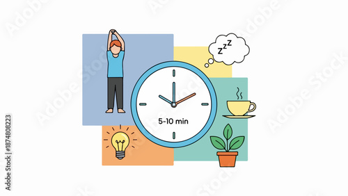 Illustration of a white clock with black hands and numbers, a woman stretching, and sections with a thought bubble, tea, and a lightbulb