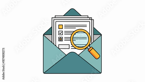Open teal envelope with papers and magnifying glass illustration