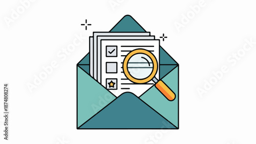 Open teal envelope with magnifying glass over a form with symbols and checkboxes
