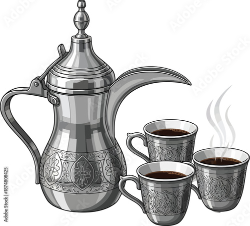 Traditional Silver Coffee Pot with Steaming Cups