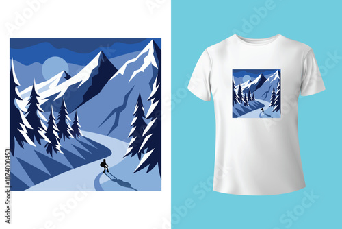 Snowboarder in Action T Shirt Design with Frosted Horizons and Mountain Landscape Vector Illustration Isolated on White Background Adventure and Conquer the Peaks