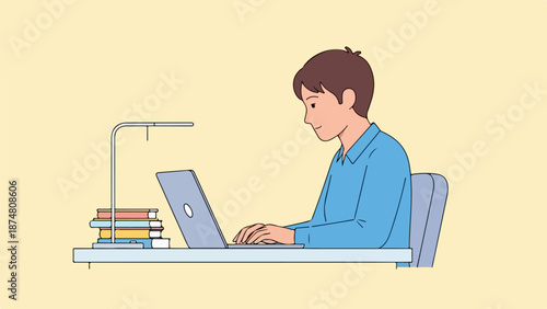 Young professional working intently at a desk with a laptop, books, and a desk lamp
