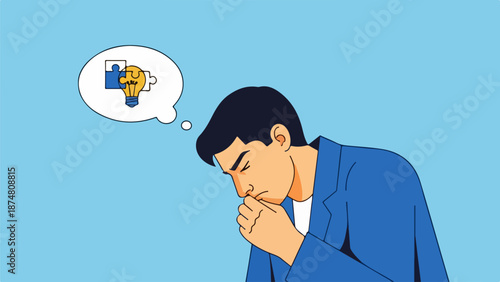 Young man in blue jacket contemplating with a thought bubble containing a yellow lightbulb